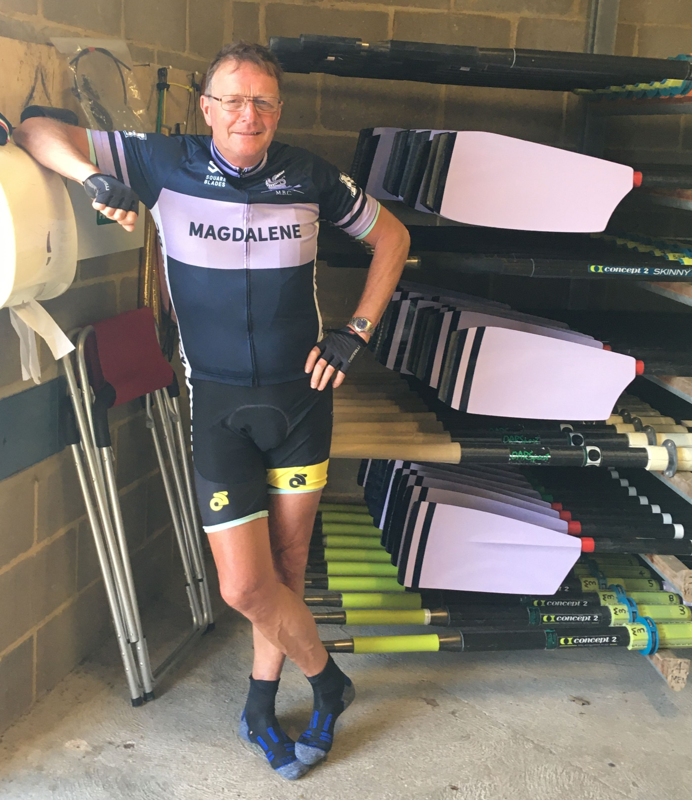 Paul Knights modelling the new MBC cycling jersey in Club colours with some newly painted blades in original MBC colours