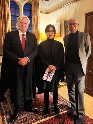 Peckard Prize winner 2022 Ms Lily Zhang with Sir Christopher Greenwood and Principal of Homerton Lord Simon Woolley